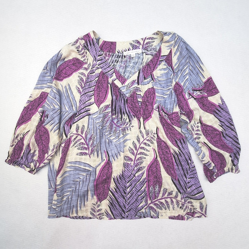 Jane + Delancey Blouse Womens Small Purple Blue Tropical Leaf Botanical Boho Top